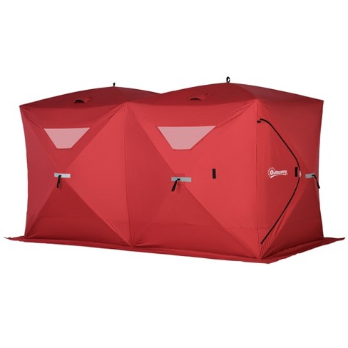 Outsunny 4 Person Insulated Ice Fishing Shelter 360-Degree View, Pop-Up Portable Ice Fishing Tent with Carry Bag, Two Doors and Anchors, Red