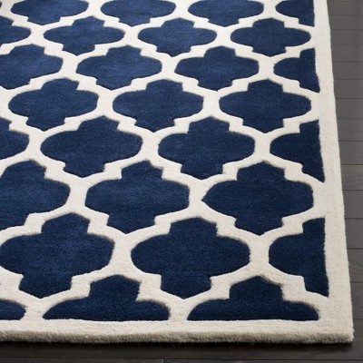 Dark Blue and Ivory Hand-Tufted Wool Runner Rug