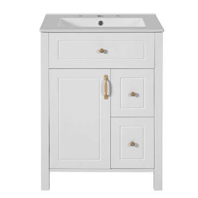 Vynxaria 24-Inch Bathroom Vanity - Ceramic Sink, 1 Soft-Close Door, 2 Soft-Close Drawers, Double Door Racks,White