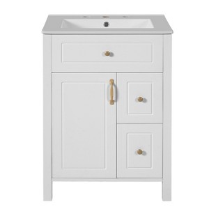Vynxaria 24-Inch Bathroom Vanity - Ceramic Sink, 1 Soft-Close Door, 2 Soft-Close Drawers, Double Door Racks,White - 1 of 4