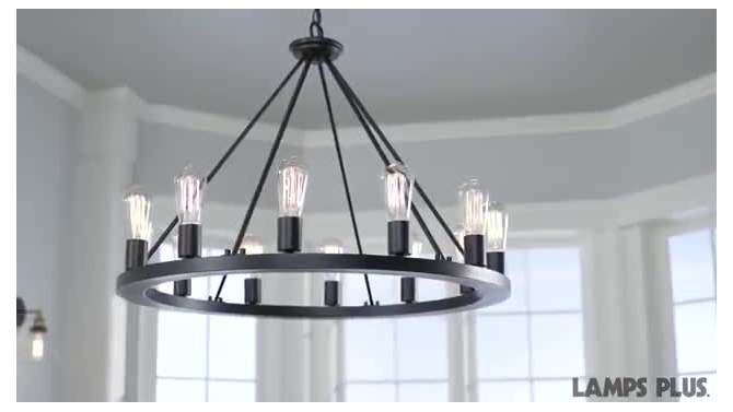 Franklin Iron Works Lacey Black Wagon Wheel Chandelier 28" Wide Industrial 12-Light LED Fixture for Dining Room House Foyer Kitchen Island Entryway, 2 of 11, play video