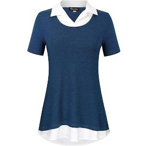 Women's Short Sleeve V-Neck Contrast Collared Shirts Patchwork Work Blouse Tunics Tops - 1 of 4
