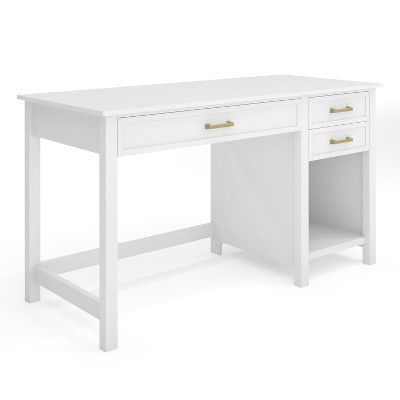 Martha Stewart Hutton Shaker Style Home Office Desk with 2 Side Drawers in White with Polished Brass Hardware