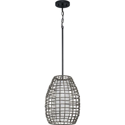 Pawley Matte Black Rattan Outdoor Pendant Light with Etched Glass