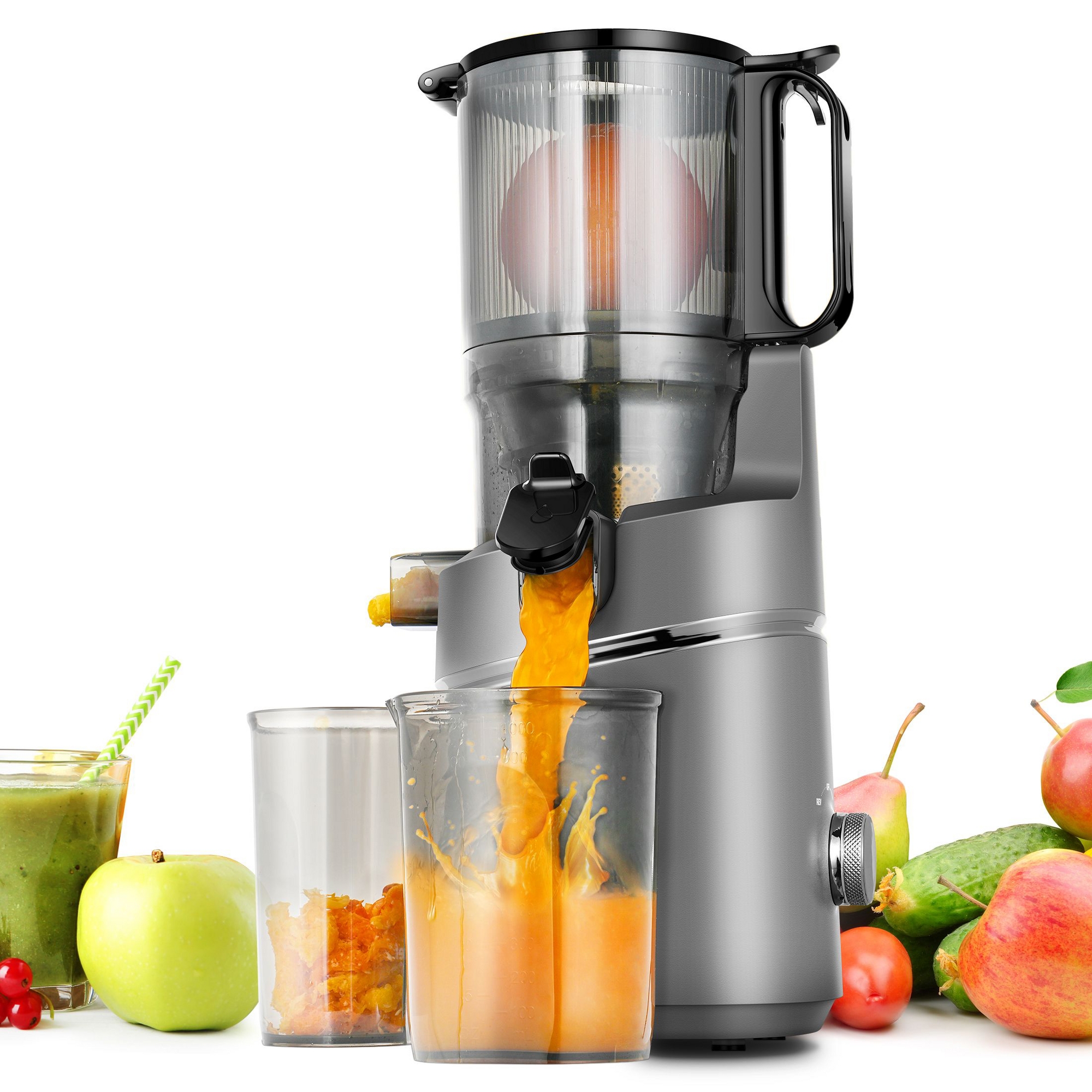 Masticating Juicer,5.3 in Cold Press Juicer with 250W Motor,Triple Filtration,Safety Lid Lock,1.8L Capacity,Fit for Whole Fruits & Vegetables,Gray