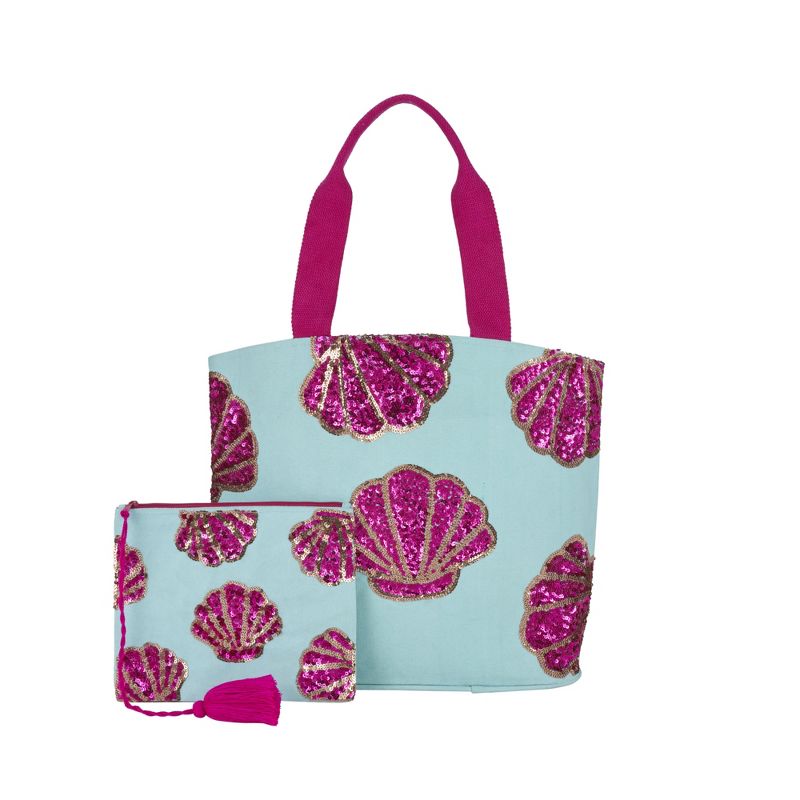 Mina Victory Pink Sequin Seashells 22" x 15" x 6" Beach Bag with Matching Clutch Turquoise, 1 of 9