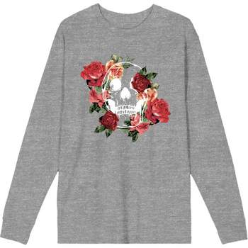 Natural World Skull & Roses Crew Neck Long Sleeve Heather Gray Adult Tee