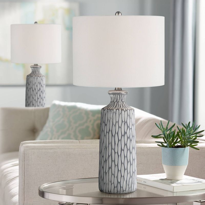 360 Lighting Patrick Modern Coastal Table Lamps Set of 26 1/4" High Gray White Wash Ceramic Drum Fabric Shade for Bedroom Living Room Nightstand Home, 2 of 10