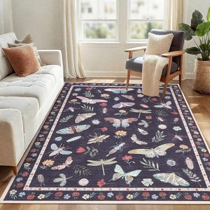 9x12 Black Washable Rug, Butterfly Floral Insect Carpet, Stain-Resistant Non-Slip Low Pile Foldable Floor Cover for Bedroom, Nursery, Apartment - 1 of 4