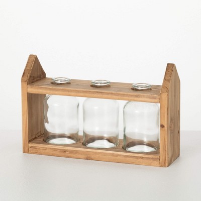 Sullivans 7" Glass Bottle Vases With Wood Stand, Brown