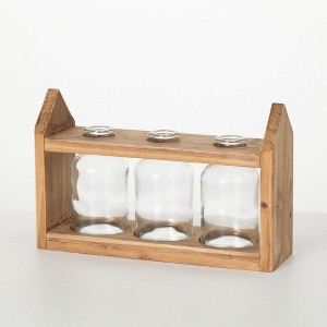 Sullivans 7" Glass Bottle Vases With Wood Stand, Brown - 1 of 4