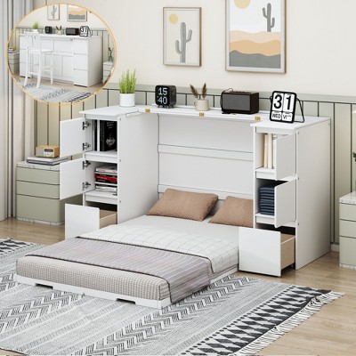 NicBex Twin Size Murphy Bed Wooden Bed Frame Morden Hideaway Wall Bed with 4 Cabinets, 2 Drawers and USB Ports for BedRoom