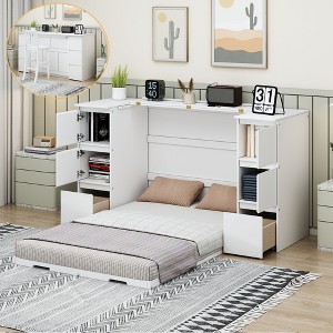 NicBex Twin Size Murphy Bed Wooden Bed Frame Morden Hideaway Wall Bed with 4 Cabinets, 2 Drawers and USB Ports for BedRoom - 1 of 4