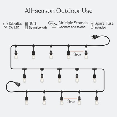 48ft Black Cord Warm White LED Outdoor String Lights