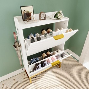 Shoe Cabinet with 2 Flip Drawers - Freestanding Fluted Shoe Storage Organizer with Metal Legs, Slim Hidden Shoe Rack for Entryway Bedroom - 1 of 4