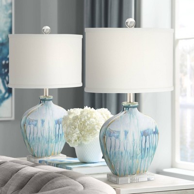 Set of 2 Blue Ceramic Table Lamps with Off-White Fabric Shades