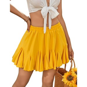 Women's Pleated Skater Skirt - High Waist Flared Mini with Ruffles for Casual Wear Yellow - 1 of 4
