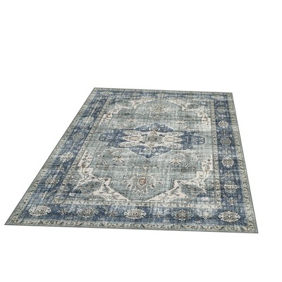9x12 Washable Rug – Vintage Distressed Low Pile Ultra-Thin Non-Slip Non-Shedding Foldable Accent Carpet for Bedroom, Living Room, Denim