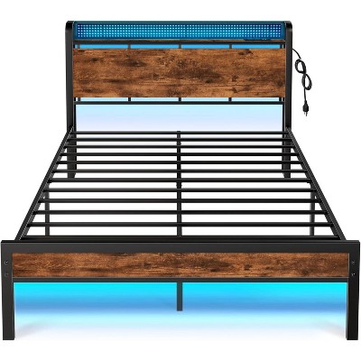 Furnulem Queen Bed Frame with charging station and LED light headboard with storage and USB port  made of vintage wood and sturdy metal