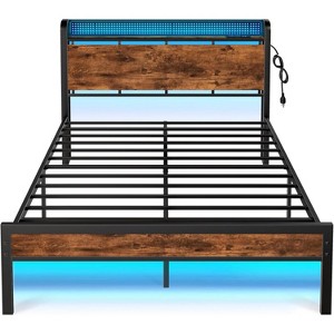 Furnulem Queen Bed Frame with charging station and LED light headboard with storage and USB port  made of vintage wood and sturdy metal - 1 of 4
