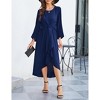 Womens Knot Waist Round Neck Long Sleeve Midi Dress Vintage Semi Formal Dresses for Wedding Guest Cocktail - 2 of 4