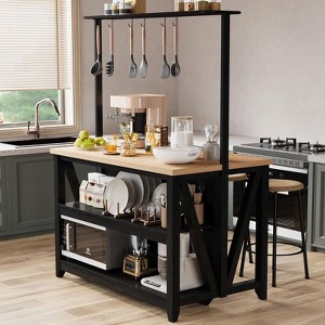 Wooden Kitchen Island with Power Outlet & LED Lights, Bakers Rack with Storage, Black - 1 of 4