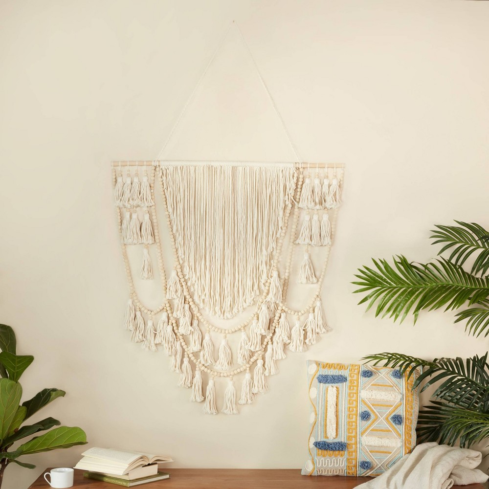 Photos - Wallpaper Cotton Macrame Weaved Intricately Wall Decor with Beaded Fringe Tassels Wh
