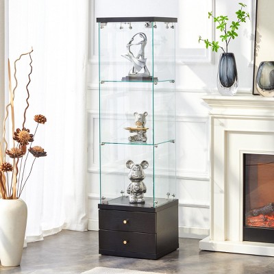 INFURNIC Decorative Storage Cabinets Modern Glass Display Cabinet with Soft-Close Drawers Adjustable Shelves, Black, 15.6"*14.3"*59"