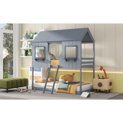 NicBex Twin Over Twin Bunk Bed with Safety Guardrail and Roof,Wood Twin Loft Bed with Ladder and Window,Noise Reduced Bunk Bed for Bedroom