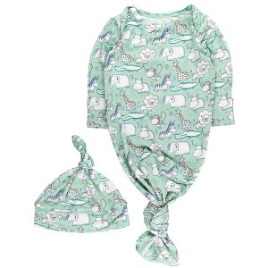 RuffleButts SoftSnooze Newborn Knotted Sleep Gown & Hat Set - Sage Safari, Newborn-3m - 1 of 4