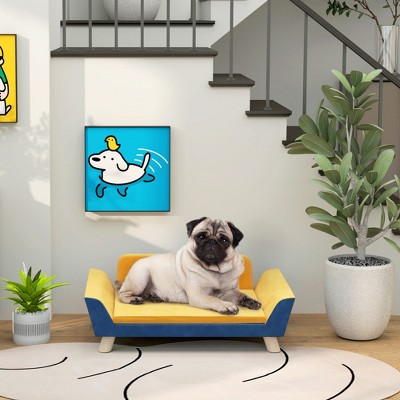 Small Blue and Yellow Elevated Dog Sofa Bed