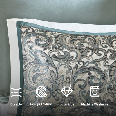 Regency Heights 8Pcs BIAB Faux Silk Paisley Jacquard Comforter Set, Luxury Palace Style Bedding Set with Matching Shams and Pillows, Teal, Queen — фото 4