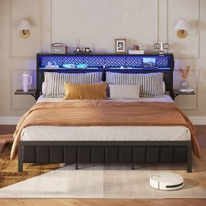 Bestier Full/King/Queen Size Bed Frame Upholstered Headboard Bed, LED Platform Bed with Foldable Trip Shelves & Storage Headboard Charge Station - 1 of 4