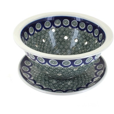 Blue Rose Polish Pottery Peacock Swirl Berry Bowl & Plate