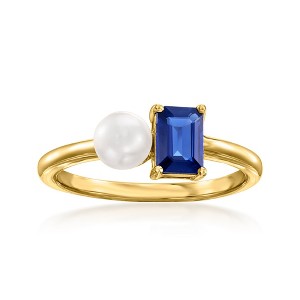 Ross-Simons 5mm Cultured Pearl and .50 Carat Sapphire Toi Et Moi Ring in 14kt Yellow Gold - 1 of 4