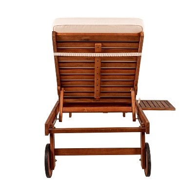 Seabrook 69" Acacia Wood Outdoor Lounger with Cream Cushion and Slide Table