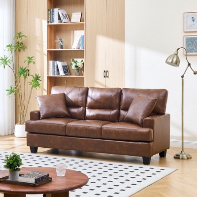 Mid Century Modern Faux Leather Sofa, 3-Seats Large Vintage Pure Sofa Couch with 2 Throw Pillows for Living Room - Morden Fort