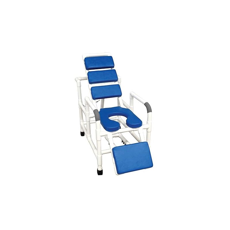 MJM International Corporation Reclining TOTAL Blue padding shower chair with open front soft seat and elevated leg extension 325 lbs weight capacity, 1 of 2