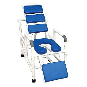 MJM International Corporation Reclining TOTAL Blue padding shower chair with open front soft seat and elevated leg extension 325 lbs weight capacity