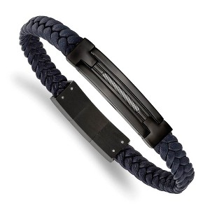 Black Bow Jewelry Black Plated Stainless Steel Navy Blue Leather I.D. Bracelet, 8-8.5 In - 1 of 4