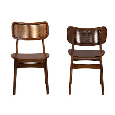 Baxton Studio 2pc Tafari Wood and Rattan Dining Chair Set Walnut Brown/Light Brown: Rubberwood Frame, MDF, Spot Clean