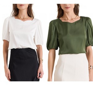 INSPIRE CHIC Women's Work Elegant Sweetheart Neck Half Puff Sleeve Office Work Satin Blouse 2 Packs - 1 of 4