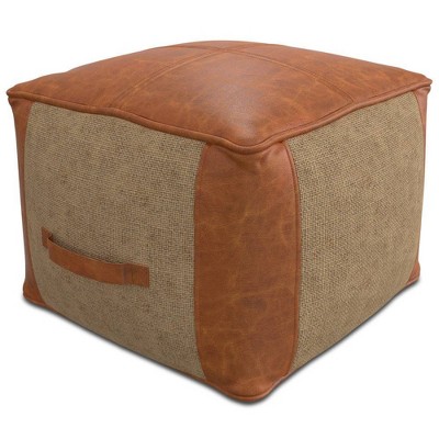 Tan Genuine Leather and Jute Square Pouf Ottoman