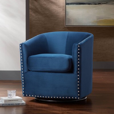 Navy Blue Fabric Swivel Barrel Chair with Silver Nailhead Trim