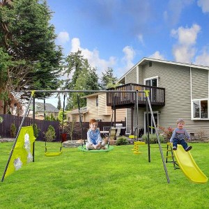 YUHAO Children Six Function Swingset with Net Swing Metal Plastic Safe Swing Set 440lbs , Outdoor Toys，Age 3+ ，31.5in Green and Blue - 1 of 4
