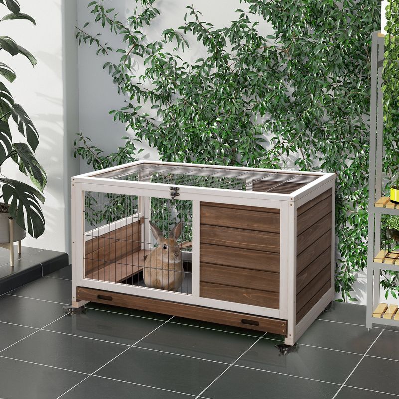 PawHut Wooden Rabbit Hutch Indoor Elevated Cage Habitat with No Leak Tray Enclosed Run with Wheels, Ideal for Rabbits and Guinea Pigs, 3 of 7