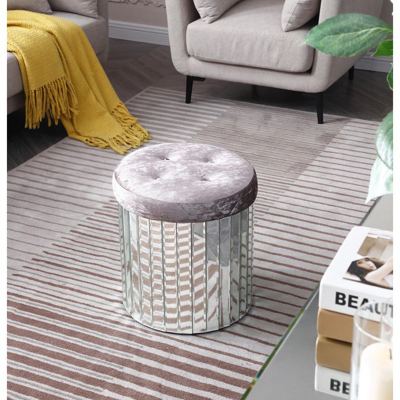 Passion Furniture Decor Brownish Gray Round Velvet Upholstered Ottoman, 6 of 8