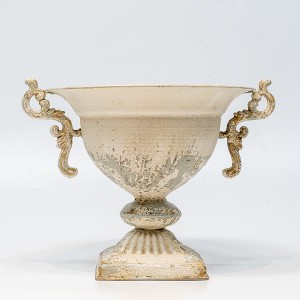 Vintage Decorative Metal Urn, Elegant Distressed Finish Flower Pot, Urn with Ornate Handles, 1pc - 1 of 4