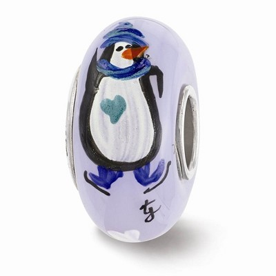 Black Bow Jewelry Fenton Blue Hand Painted Penguin Glass & Sterling Silver Bead Charm