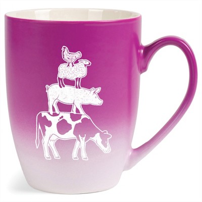 Elanze Designs 12 Ounce Ceramic Decorative Laser Engraved Cow Pig Sheep Chicken Giftable Novelty Tea Coffee Cup Mug Pink and White Stacked Farm Animal